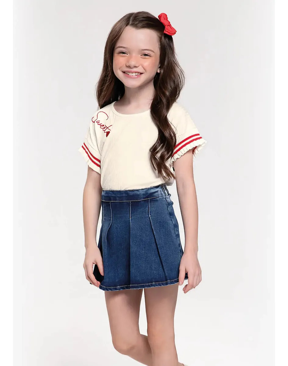 Conjunto Blusa Com Shorts Saia Jeans Trick Nick Bege