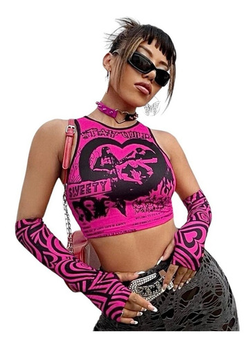 Remera Crop Top Mangas Importado Shein Punk Aesthetic Y2k