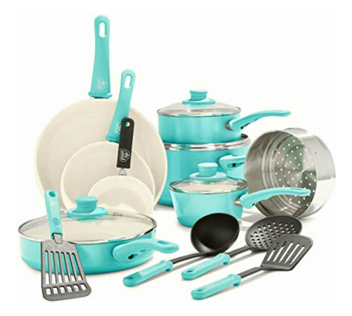 Soft Grip 16pc Ceramic Non-stick Cookware Set - Turquoise