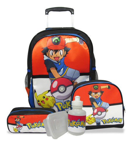 Kit Mochila Escolar Infantil Rodinhas G Pókemon F1 Cor Vermelho Desenho Do Tecido Pokémon