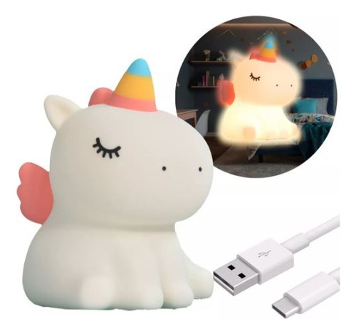Velador Infantil Led Usb Luz Noche Silicona Unicórnio Blanco Unicornio