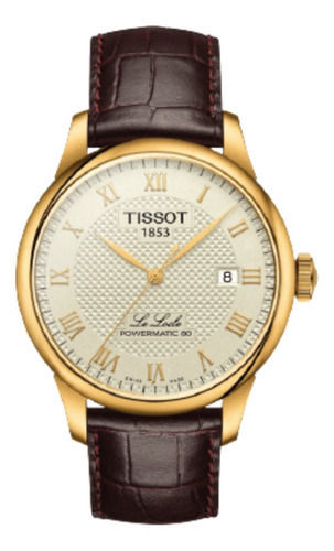 Reloj pulsera Tissot T-Classic Le Locle Powermatic 80 Le locle powermatic 80 de cuerpo color dorado, analógico, para hombre, fondo marfil, con correa de cuero color marrón, agujas color dorado, dial dorado, minutero/segundero negro, bisel color dorado y mariposa