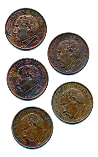 Moneda 10 Centavos Juarez 1955 56 59 66 67 Lote 5 Piezas