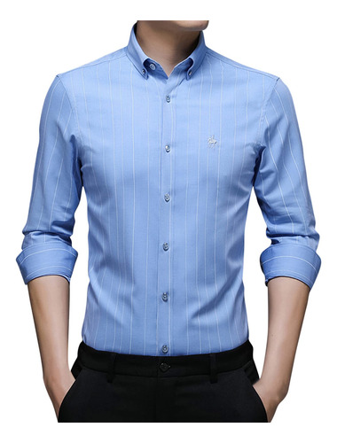 Camisa Vestir Raya Para Hombre Manga Larga Informal Fibra No