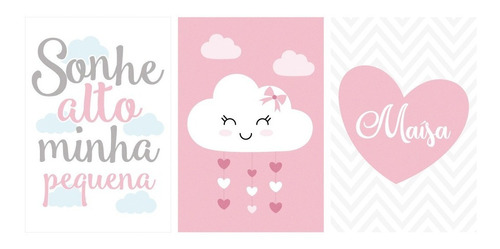 3 Placas Decoração Infantil Quarto Bebe Nuvem Chuva De Amor