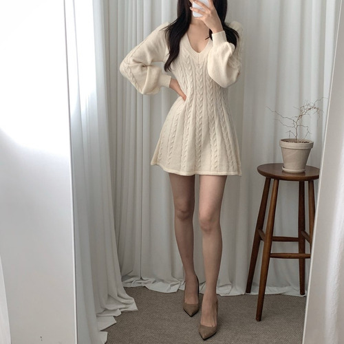 Elegante Minisuéter De Punto Con Cuello En V Y Manga Larga E