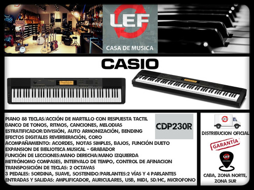 Imagen 2 de 10 de Piano Digital Cdp230r Bk 88 Teclas Sampler + Fuente+ Pedal