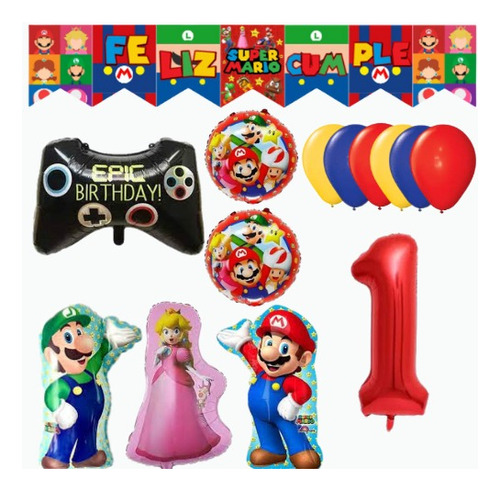 Set Combo De Globos Mario Bross+ Numero + Banderin 