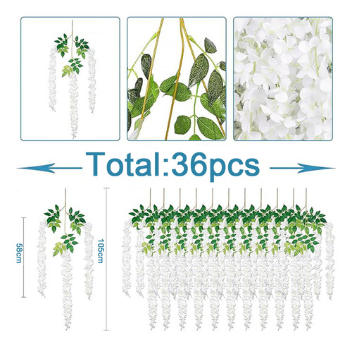 Flores Artificial Wisteria 36pzs 1.1m Decoración Fiesta Boda Color Blanco ,Guirnaldas de Flores Artificiales de Glicina,Flor de Plastico Artificial para Hogar, Boda, Fiesta, Jardín, columpios
