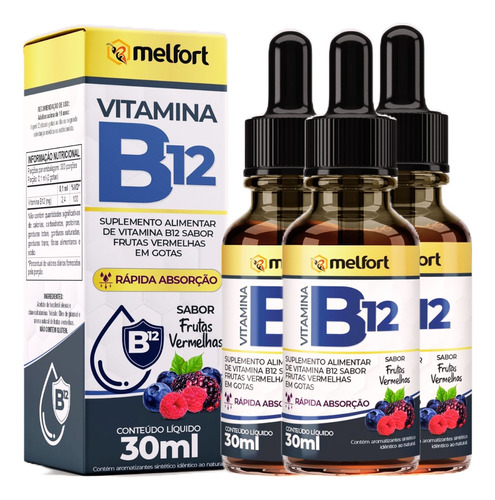 Kit 3 Frascos Vitamina B12 Em Gotas Sabor Frutas Vermelhas