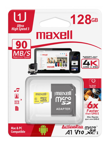 Imagen 1 de 2 de Memoria 128gb Micro Sd Xc Microsd Clase U1 C10 Maxell 4k Uhd