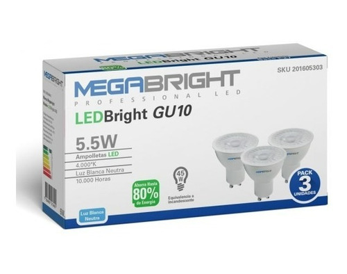 Ampolleta Led Gu10 Megabright 5.5w 4000k Luz Calida Pack 3