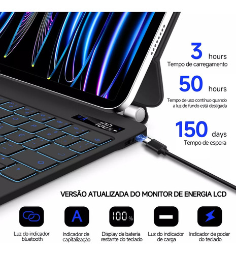 Capa Teclado Iluminado Touchpad P/ Ipad Air 13'' 2024 2025 Preto