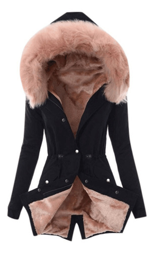 Parka Com Capuz Feminino Com Forro De Lã, Gola De Pele,