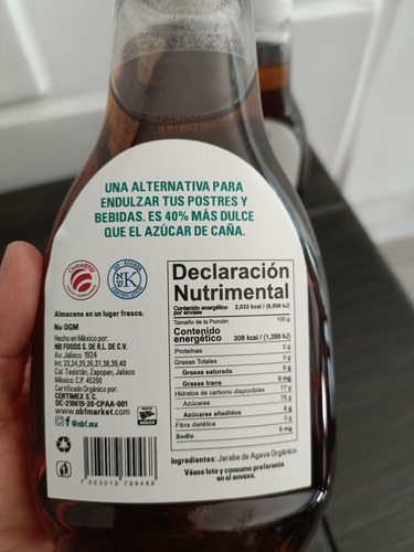 Jarabe De Agave Orgánico Ámbar Caja Con 6 Botellas De 500 Ml