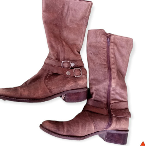 Botas Cuero Dama Marrones Caña Alta Divinas Taco Bajo T/ 40