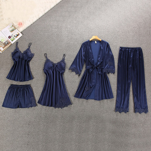 Set De Pijama Dama Sexi Ropa De Dormir Bata De Seda 5 Piezas