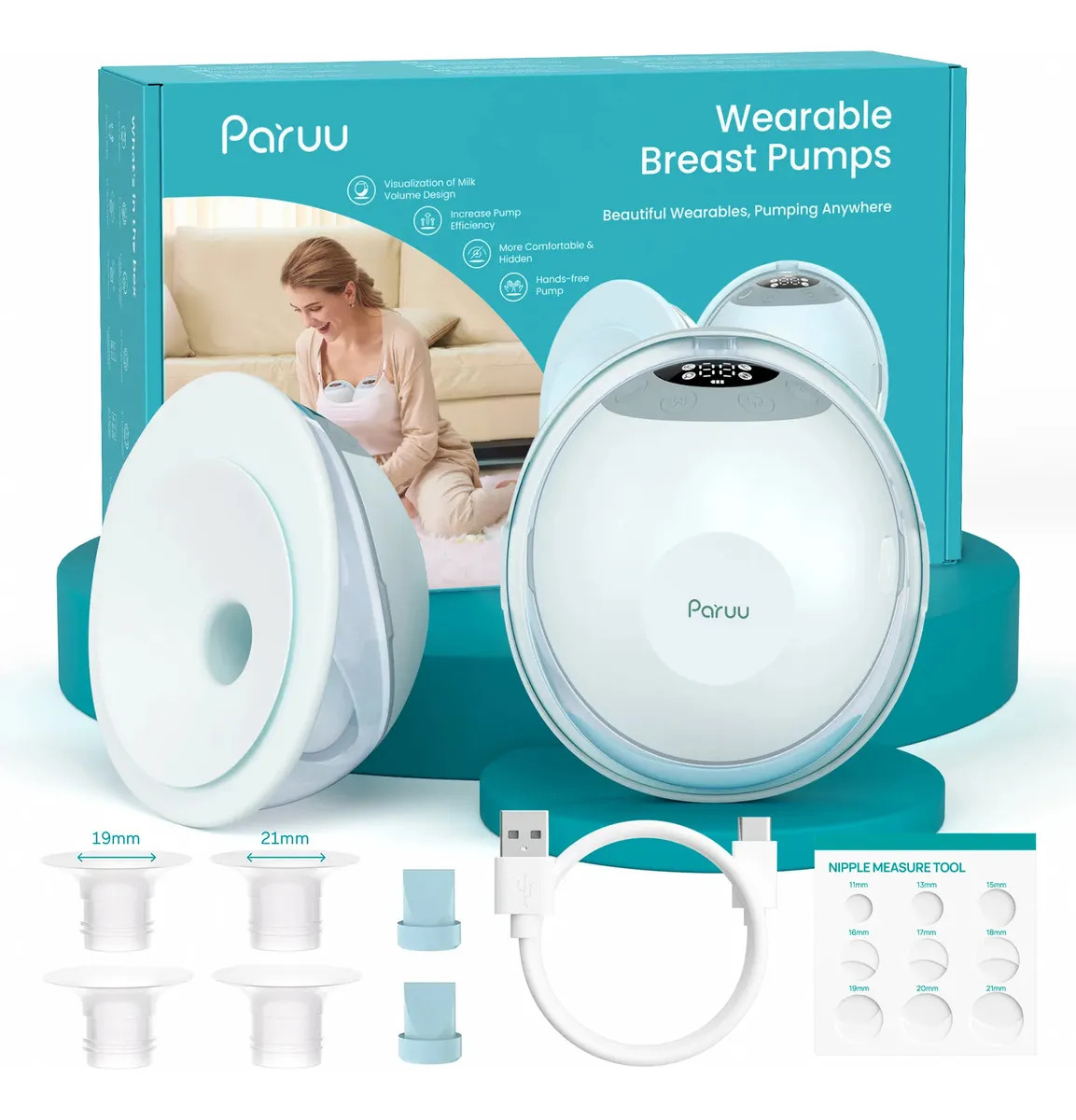 Paruu P20 Extractor de Leche Eléctrico Portátil 2 Unidades, Extractor de Leche Materna Manos Libres Color Verde Claro