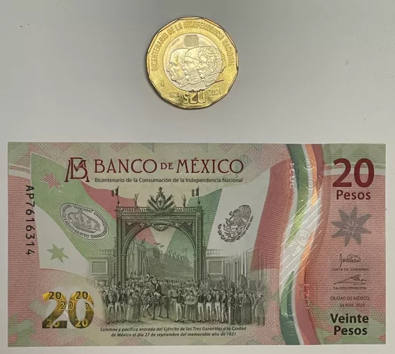 1 Set Billete Y Moneda 20 Pesos Bicentenario Independencia