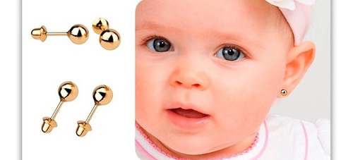 Par De Brincos Infantil De Bola 3mm Ou 2° Furo Ouro 18k-750