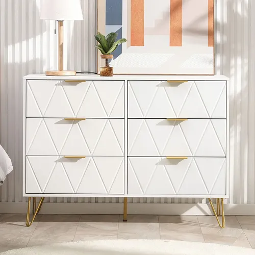 Cómoda Con 6 Cajones - 120x40x75,5 Cm - Aspecto Madera Y Patas De Metal - Para Salón O Dormitorio