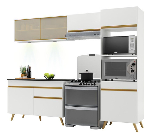 Armário Cozinha Compacta 252cm Veneza Up Multimóveis V2017 Cor Branco/Dourado