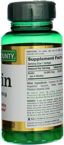 Imagen 3 de 4 de Nature's Bounty Biotina, 10000 Mcg, Suplemento Que Ayuda A Mantener El Cabello, La Piel Y Las Uñas Saludables, Y El Metabolismo Energético, Cápsulas Blandas De Liberación Rápida,