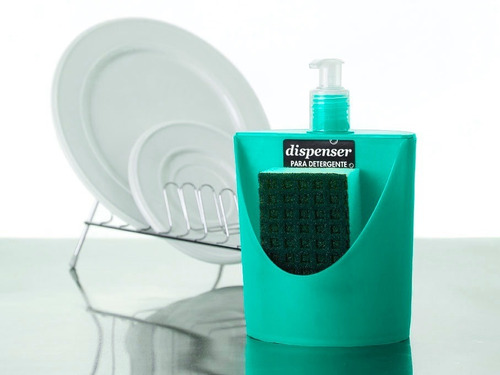 Dispenser Detergente Dosificador Cocina + Esponja De Color Aqua
