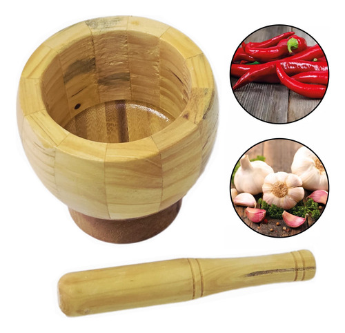 Pilão Em Bambu Com Socador Para Temperos E Condimentos