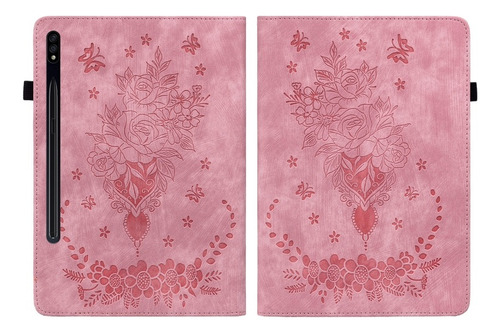 Funda De Cuero Con Rosa Y Mariposa Para Samsung Tab S9 Plus
