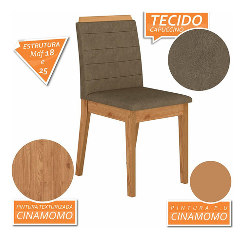 Mesa Com 6 Cadeiras 1,60 Nápoles Cinam/off Wh/capuc - Ma Cor Cinamomo/off White/capucci. 02 Desenho do tecido das cadeiras Liso