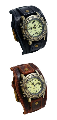 2pcs Wrkwatch Masculino Reloj De Reloj De Cuero Punk Vintage