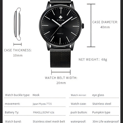 Reloj De Pulsera De Cuarzo Resistente Al Agua Para Hombre Ww Color Del Fondo Negro