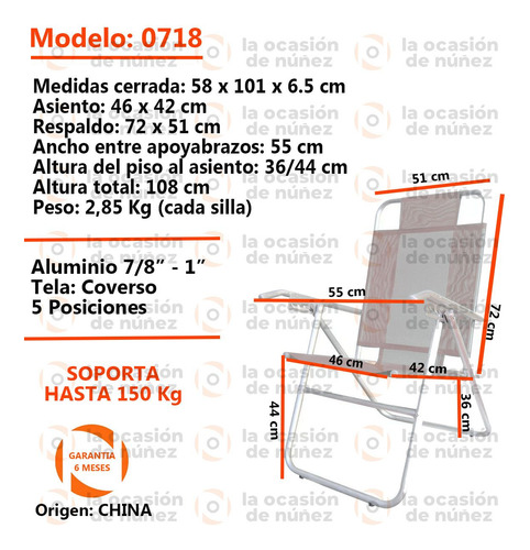 Reposera Aluminio 5 Posiciones Silla De Playa Camping Jardin