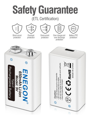 Batería Recargable 9v Tipo C 650 Mah Con Cable 2 En 1