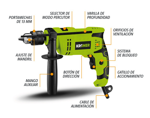 Taladro Percutor Profesional Kroner 13mm (700watts) Impacto Alta Calidad Premium Verde 50/60 Hz