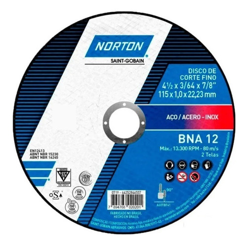 Disco Corte Metal E Inox 4.1/2 Pol Bna12 Kit 10 Peças Norton