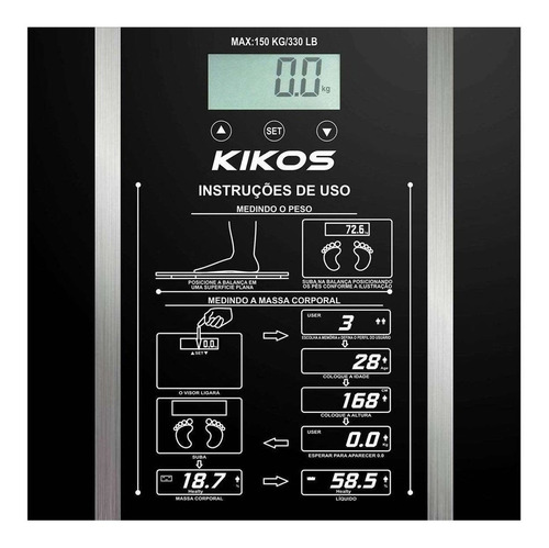 Balança Corporal Digital Kikos Ison Preta, Até 150 Kg
