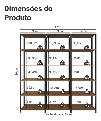 Armário Estante Multiuso Despensa 15 Prat 177cm Madesa Rp Cor Rustic/Preto
