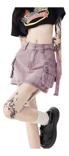 Mini Faldas Tipo Cargo Para Mujer, Cinturón Bajo, Con Botone