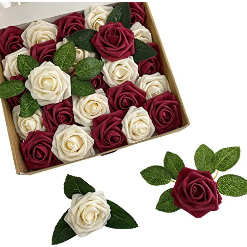 Conjunto De 25 Rosas Falsas Color Borgoña Y Champán A...