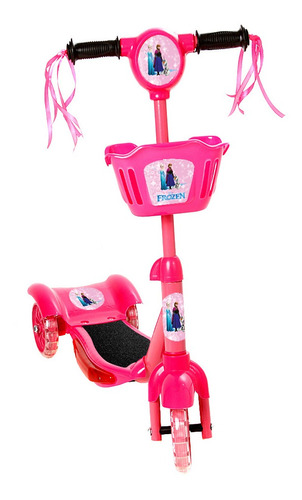 Brinquedo Patinete Frozen Scooter 3 Rodas Com Cesta Luz