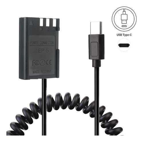 Adaptador Dummy Pd Ep-5 Bateria Nikon En-el9 Espiral Usb-c Cor Cinza-escuro