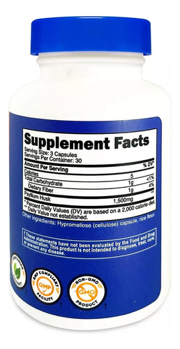 Nutricost Cáscara de psilio 1500 mg 90 cápsulas Sabor Sin Sabor