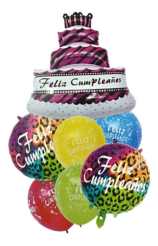 Kit 7 Globos Pastel Feliz Cumpleaños Animal Print Redondos 