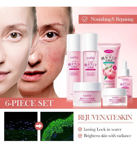 Kit Cuidado Facial Sadoer Durazno Con Lactobacillus 6 Piezas Todo Tipo De Piel Día/noche