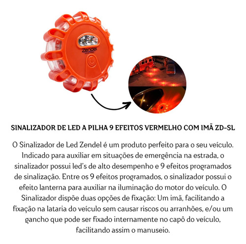 Sinalizador De Led A Pilha 9 Efeitos Vermelho Com Imã Zd-sl