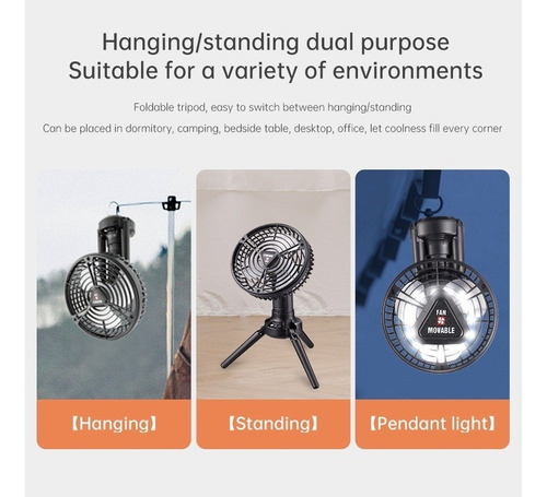 Ventilador De Mesa O Camping Portátil Recargable Con Luz Led