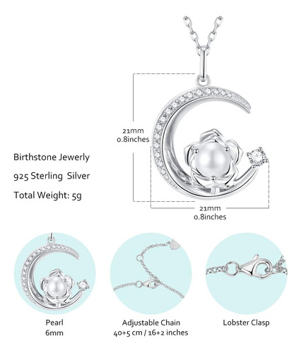 Collar De Perlas Con Piedra Natal De Junio De Plata De Ley 9