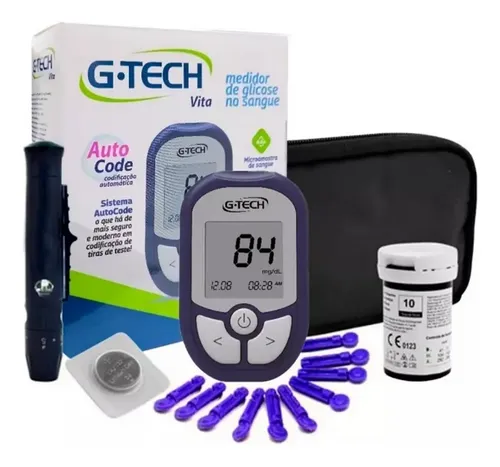 Kit Monitor Medidor De Glicemia Glicose G-tech Vita Cor Azul